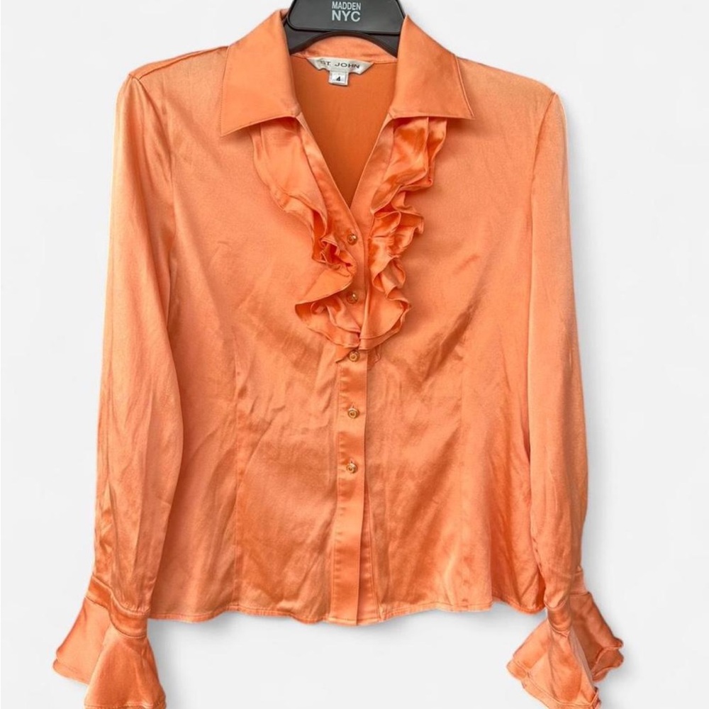 St. John Ruffle-Front Coral Colored Satin Button-Down Blouse